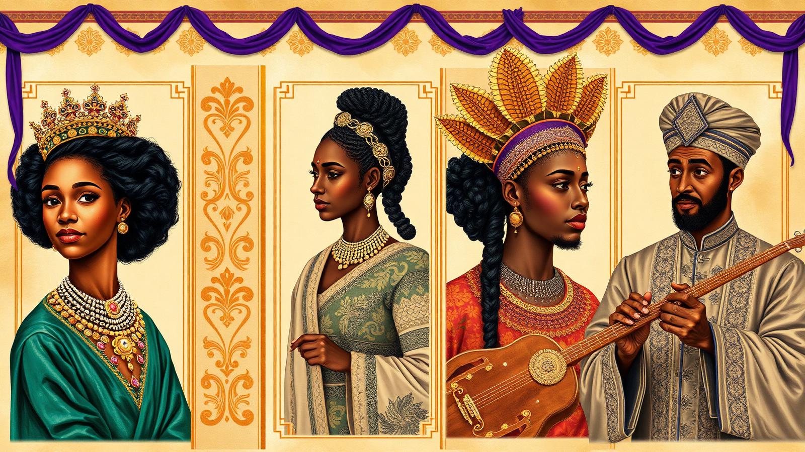 A woven tapestry of dignified figures across African diaspora, South Asian, East Asian, and Indigenous traditions, painted with gold leaf and royal purple accents.
