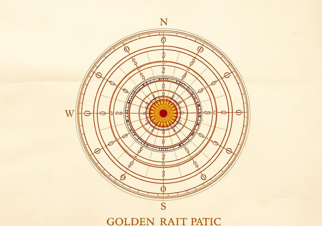 Illustrated art theory motifs: golden ratio spiral, rule of thirds grid, radial mandala geometry, chiaroscuro sphere.