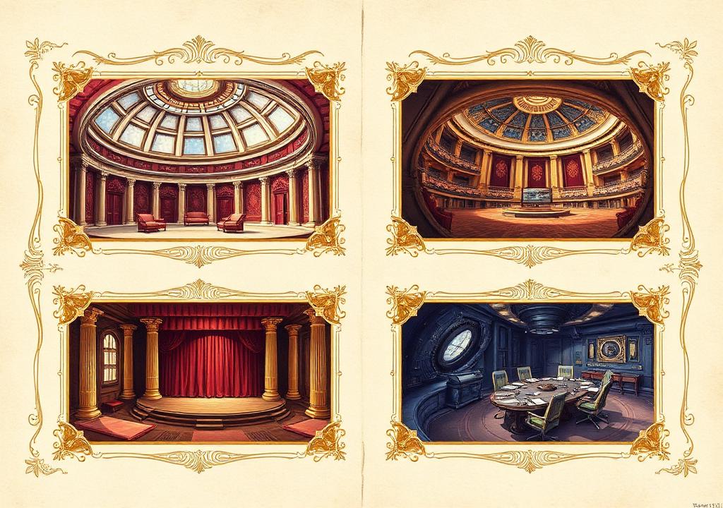 Vignettes of grand spaces: a throne room, an opera stage, an observatory dome, and an executive boardroom.