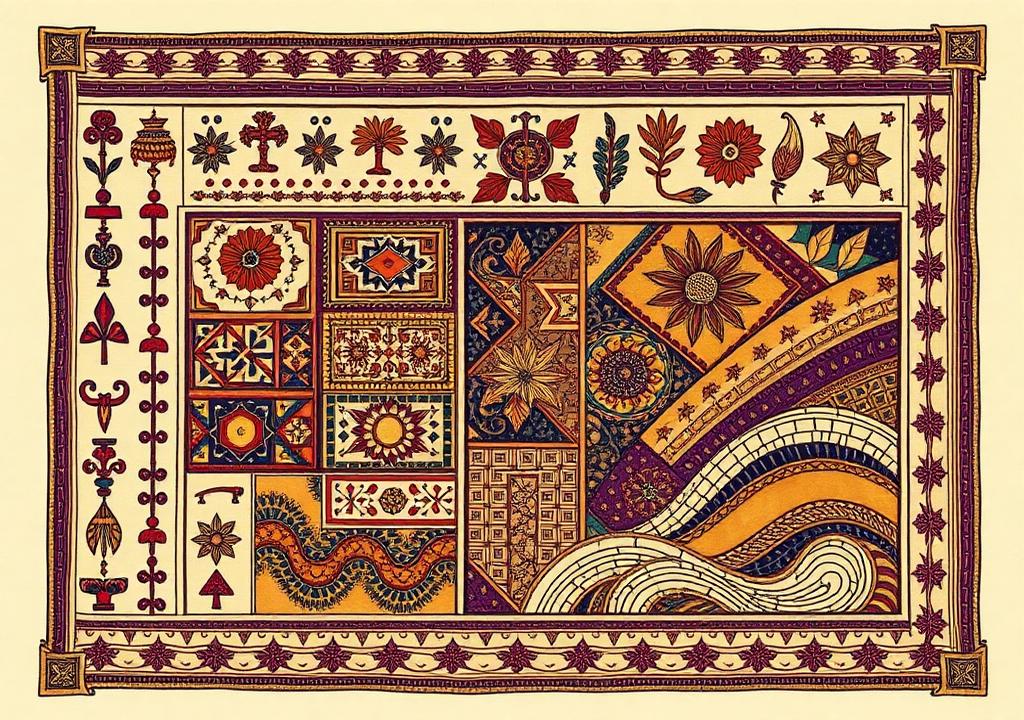 A quilted illustration weaving Adinkra, Yoruba, Madhubani, Islamic geometric, Andean, and Ukiyo-e motifs together.